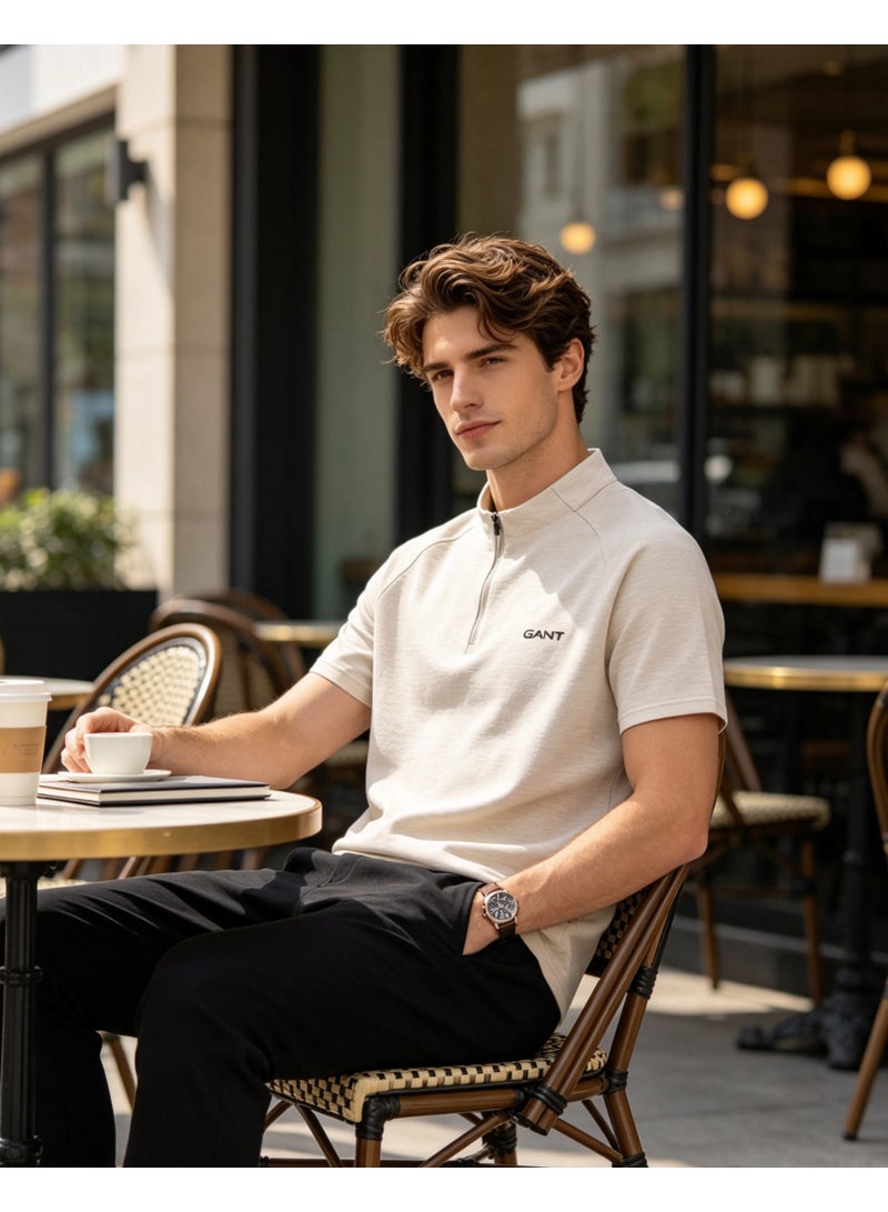 GANT Men Light Tone Half Zip Stand Collar Short Sleeve Polo Casual Breathable Plain Daily Top Beige - Image 2