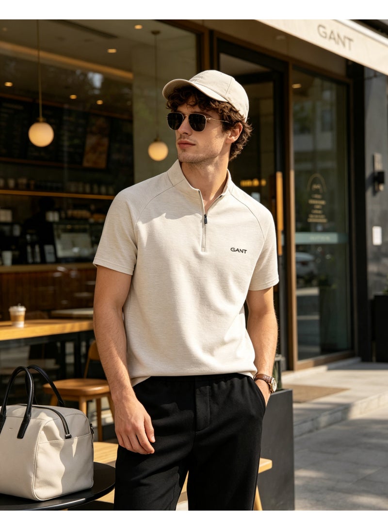 GANT Men Light Tone Half Zip Stand Collar Short Sleeve Polo Casual Breathable Plain Daily Top Beige - Image 3