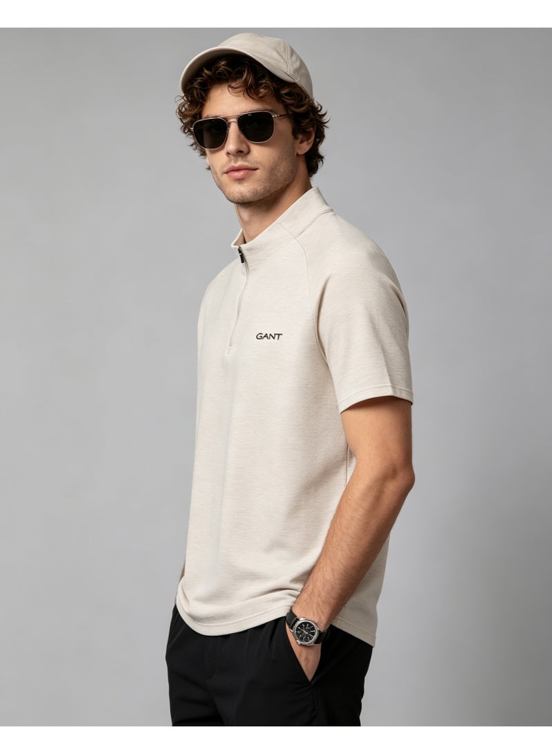 GANT Men Light Tone Half Zip Stand Collar Short Sleeve Polo Casual Breathable Plain Daily Top Beige - Image 1