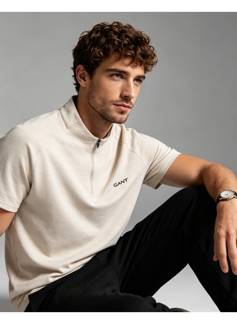 GANT Men Light Tone Half Zip Stand Collar Short Sleeve Polo Casual Breathable Plain Daily Top Beige - Image 5