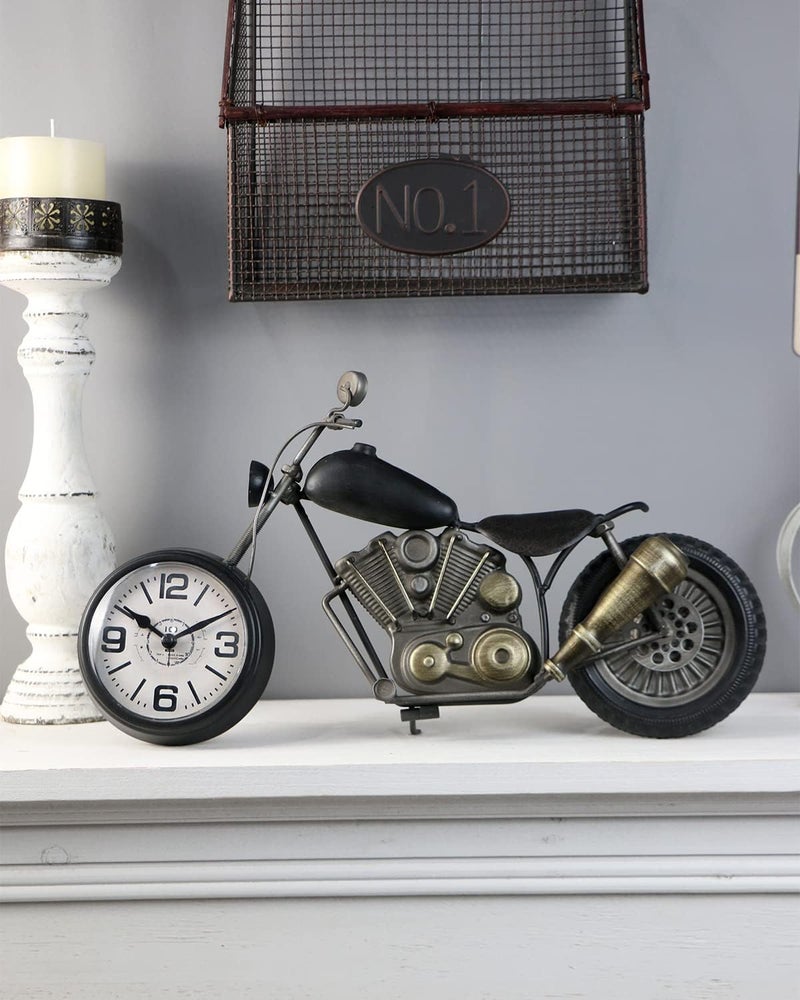 AOROTOE Vintage Desk Clock Tabletop Clock Motorcycle Gifts for Men Rustic Farmhouse Decor Gifts for Dad Him Boyfriend Battery Operated No Ticking Antique For Mantle Shelf Decorations Living Room Office Black - Image 2