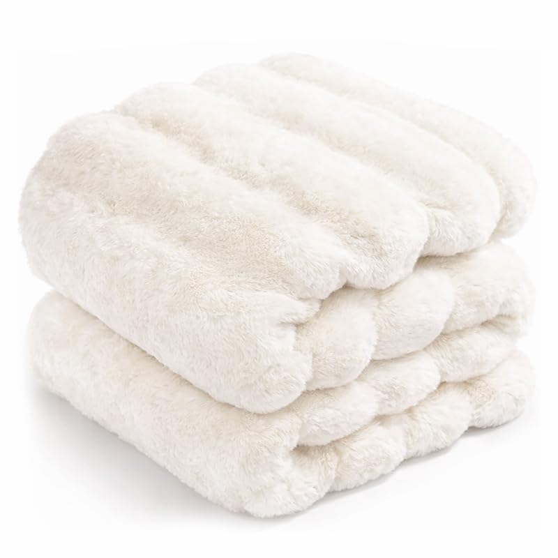 Touchat Luxury Faux Rabbit Fur Throw Blanket for Couch, Super Heavy Warm Cozy Fuzzy Blanket for Sofa Bedroom Living Room, Ultra Soft Fluffy Reversible Plush Blanket for Home Decor Gifts,Cream White - Image 1