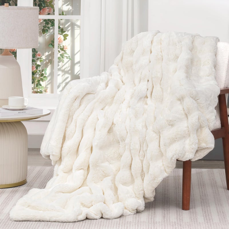 Touchat Luxury Faux Rabbit Fur Throw Blanket for Couch, Super Heavy Warm Cozy Fuzzy Blanket for Sofa Bedroom Living Room, Ultra Soft Fluffy Reversible Plush Blanket for Home Decor Gifts,Cream White - Image 2