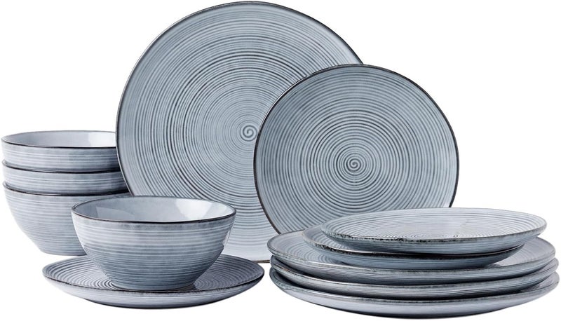 Famiware مجموعة أطباق وأوعية فامي وير لـ 4 أشخاص 12 قطعة من أدوات المائدة الخزفية مجموعة أطباق بتزجيج تفاعلي آمنة في غسالة الصحون والميكروويف سلسلة تمبوس باللون الأزرق اللؤلؤي - Image 1