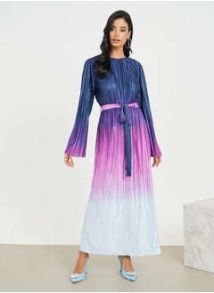 Accordion Pleated Ombre Print Shift Maxi Dress