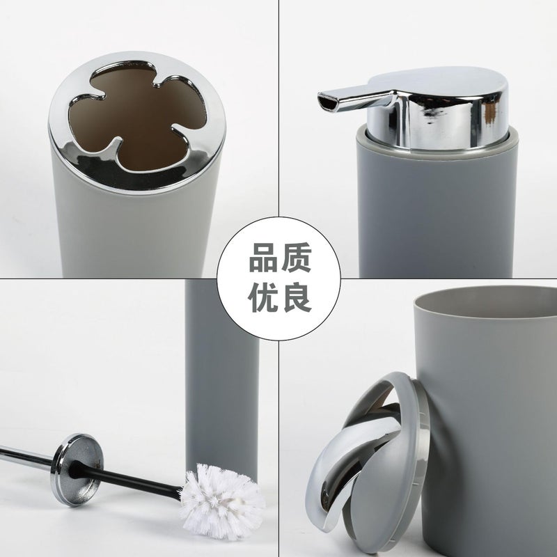 Complete 6 Piece Plastic Bathroom Set – Practical and Modern Bathroom Accessories, Toothbrush Holder, Cup, Soap Dispenser, Soap Dish, Toilet Brush, Trash Can (Grey) - Image 2