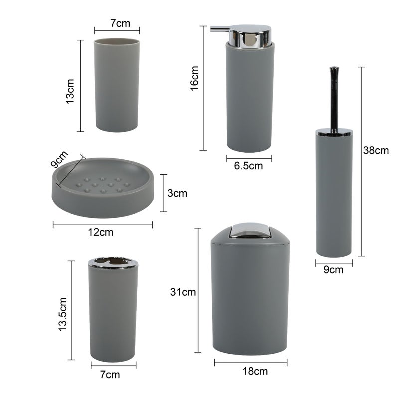 Complete 6 Piece Plastic Bathroom Set – Practical and Modern Bathroom Accessories, Toothbrush Holder, Cup, Soap Dispenser, Soap Dish, Toilet Brush, Trash Can (Grey) - Image 1
