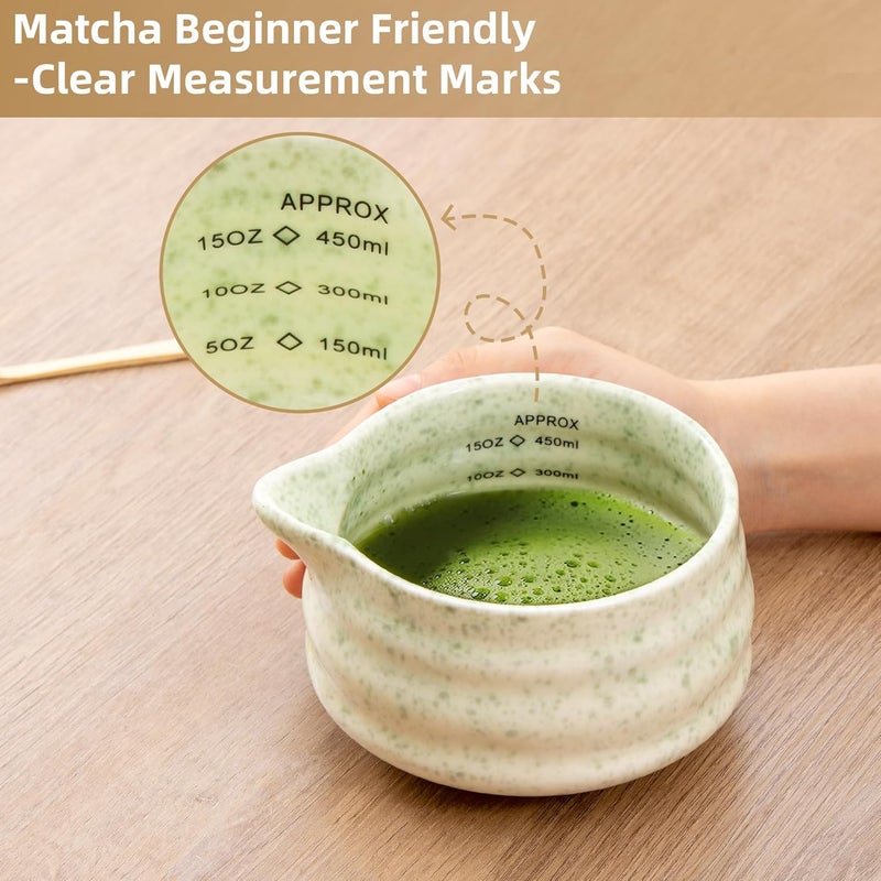 YumiPLUS 5pcs Premium Matcha Set,Ceramic Bowl with Spout and Bamboo Whisk set, Ceremonical Matcha Kit for breakfast/latte,Tea Starter Making Kit,Unique Matcha Gift set (green) - Image 3