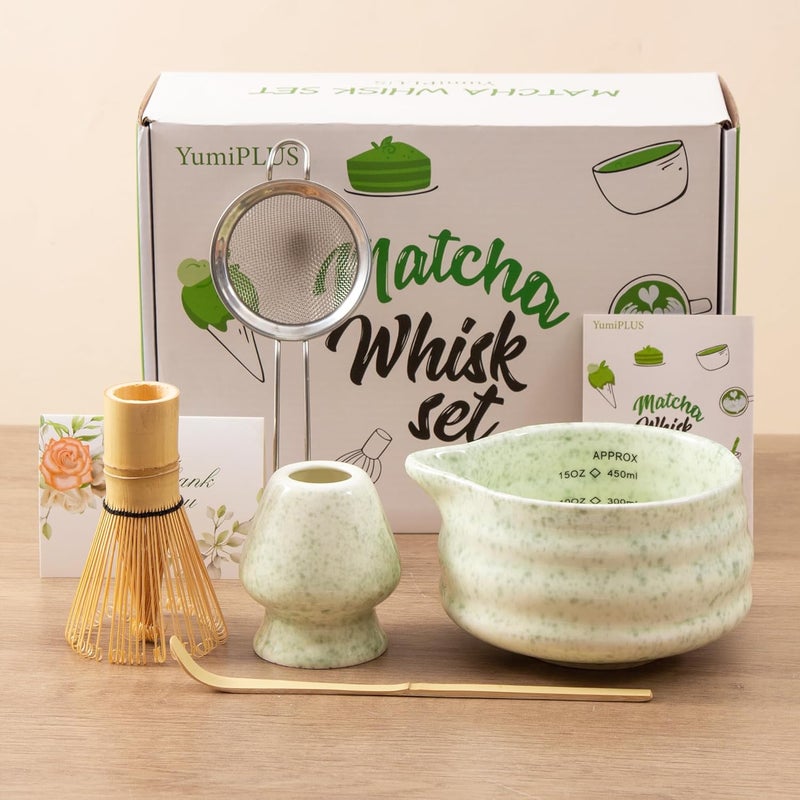 YumiPLUS 5pcs Premium Matcha Set,Ceramic Bowl with Spout and Bamboo Whisk set, Ceremonical Matcha Kit for breakfast/latte,Tea Starter Making Kit,Unique Matcha Gift set (green) - Image 5