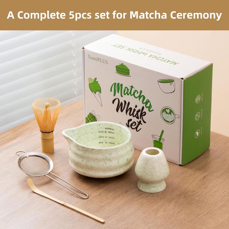 YumiPLUS 5pcs Premium Matcha Set,Ceramic Bowl with Spout and Bamboo Whisk set, Ceremonical Matcha Kit for breakfast/latte,Tea Starter Making Kit,Unique Matcha Gift set (green) - Image 2