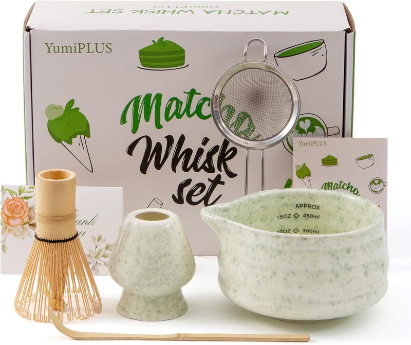 YumiPLUS 5pcs Premium Matcha Set,Ceramic Bowl with Spout and Bamboo Whisk set, Ceremonical Matcha Kit for breakfast/latte,Tea Starter Making Kit,Unique Matcha Gift set (green) - Image 1