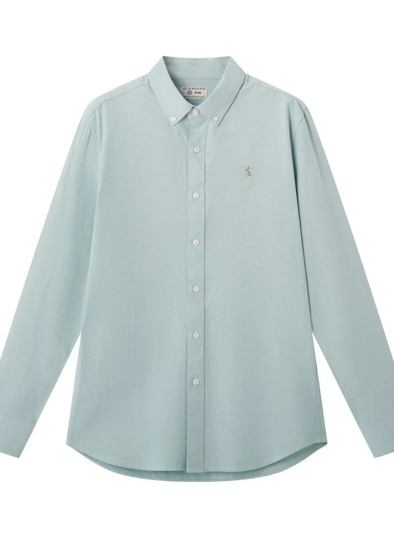 GIORDANO Men's Cotton Oxford Shirt - Small Lion Embroidery, Slim Fit, Full Button