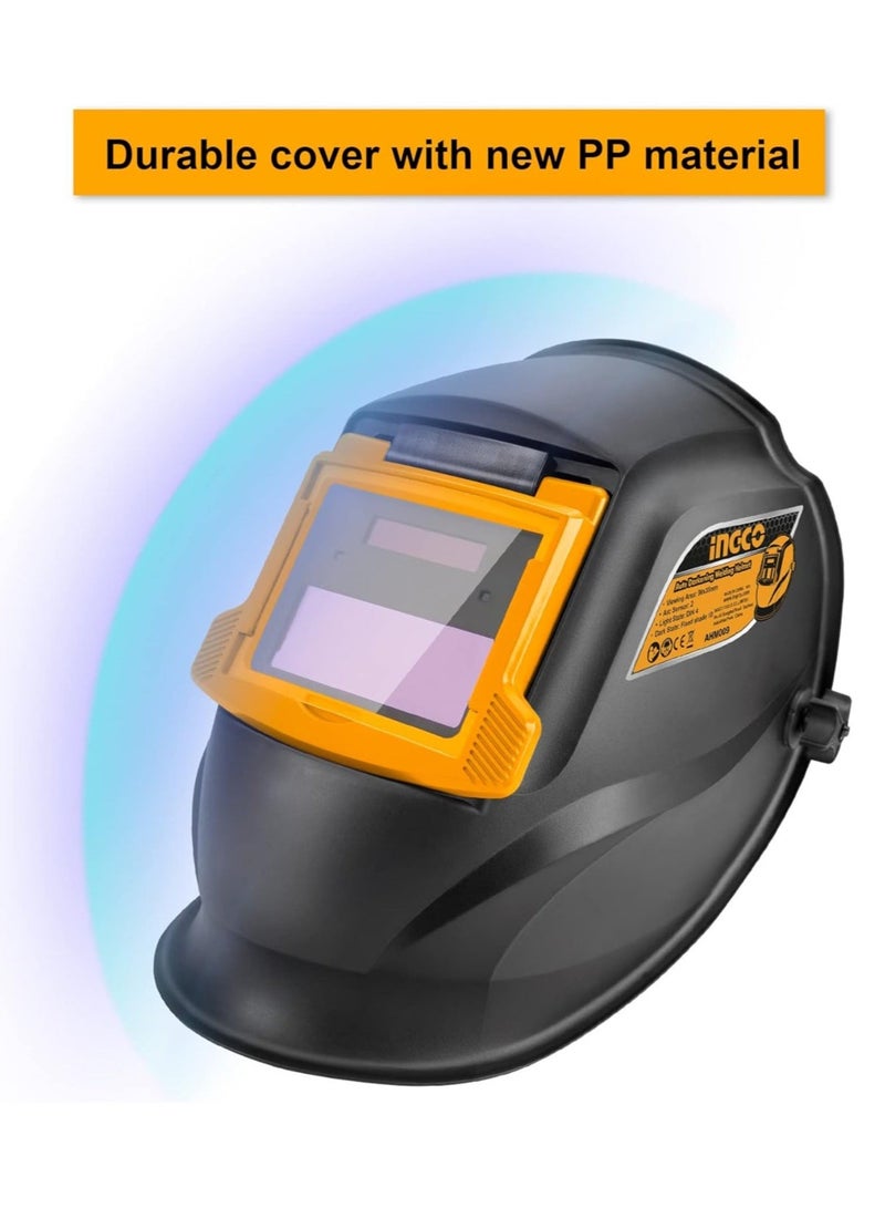 إنجكو خوذة لحام أوتوماتيكية من INGCO – تعمل بالطاقة الشمسية، مساحة رؤية 90×35 مم، مزودة بحساسين قوس، زمن تبديل 1/5000 ثانية، حماية من الأشعة فوق البنفسجية وتحت الحمراء حتى DIN 16 – مثالية للحام، الطحن، والقطع - Image 2
