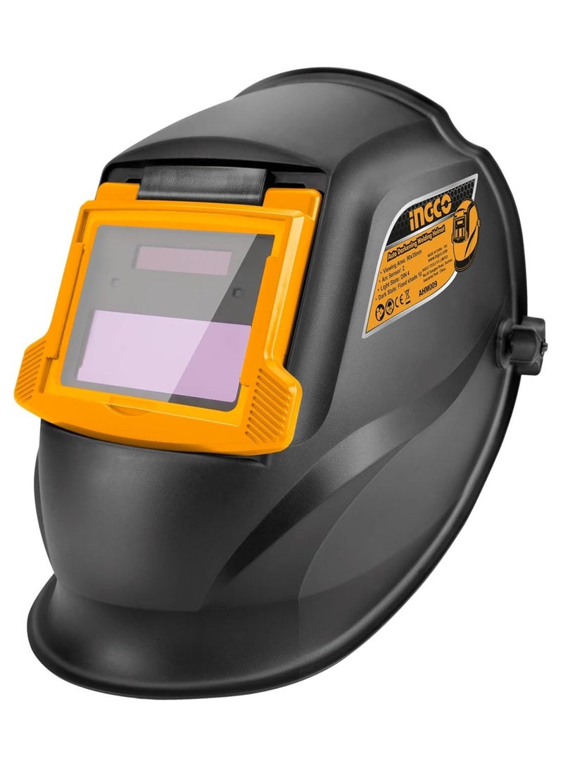 إنجكو خوذة لحام أوتوماتيكية من INGCO – تعمل بالطاقة الشمسية، مساحة رؤية 90×35 مم، مزودة بحساسين قوس، زمن تبديل 1/5000 ثانية، حماية من الأشعة فوق البنفسجية وتحت الحمراء حتى DIN 16 – مثالية للحام، الطحن، والقطع - Image 1