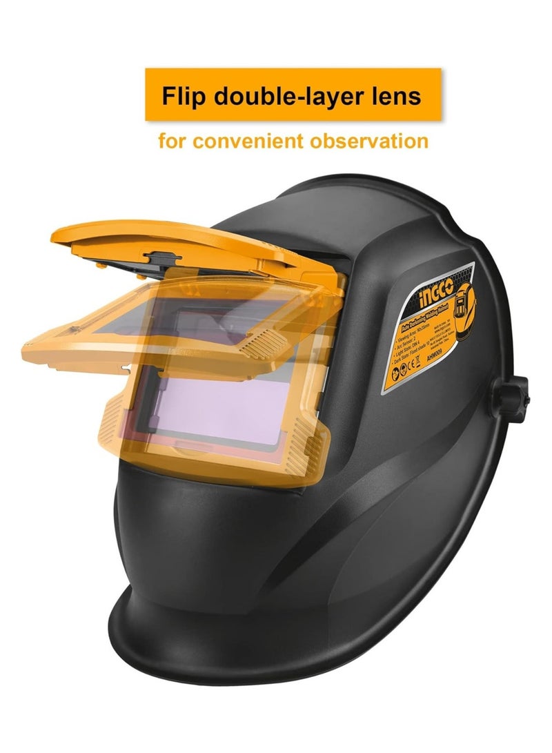 إنجكو خوذة لحام أوتوماتيكية من INGCO – تعمل بالطاقة الشمسية، مساحة رؤية 90×35 مم، مزودة بحساسين قوس، زمن تبديل 1/5000 ثانية، حماية من الأشعة فوق البنفسجية وتحت الحمراء حتى DIN 16 – مثالية للحام، الطحن، والقطع - Image 3