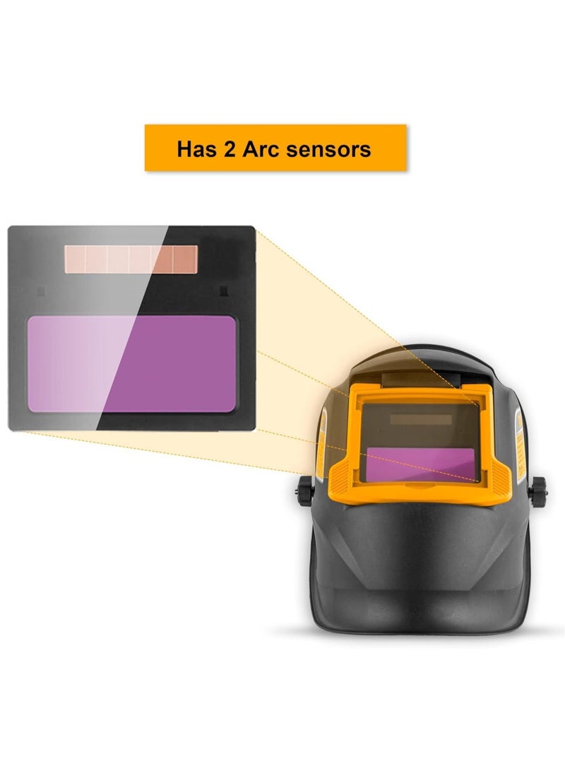 إنجكو خوذة لحام أوتوماتيكية من INGCO – تعمل بالطاقة الشمسية، مساحة رؤية 90×35 مم، مزودة بحساسين قوس، زمن تبديل 1/5000 ثانية، حماية من الأشعة فوق البنفسجية وتحت الحمراء حتى DIN 16 – مثالية للحام، الطحن، والقطع - Image 4