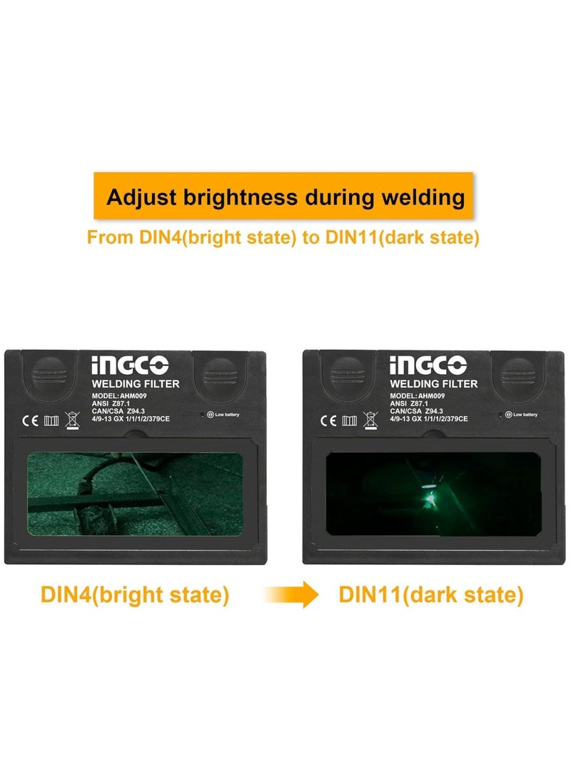 إنجكو خوذة لحام أوتوماتيكية من INGCO – تعمل بالطاقة الشمسية، مساحة رؤية 90×35 مم، مزودة بحساسين قوس، زمن تبديل 1/5000 ثانية، حماية من الأشعة فوق البنفسجية وتحت الحمراء حتى DIN 16 – مثالية للحام، الطحن، والقطع - Image 5