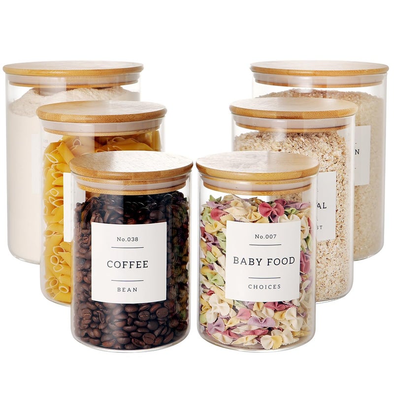 CZZGSM Set of 6 Glass Flour and Sugar jars with 132 Kitchen Pantry Labels Thicken Large Glass Storage containers with Airtight Bamboo Lid Glass Rice Canisters for Salt Coffee100OZ54OZ27OZ