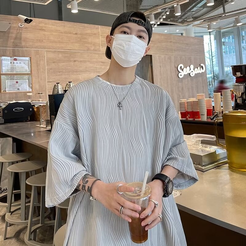 American Retro Striped Short-Sleeve Ice Silk Heavyweight T-Shirt For Men, Summer Fashion Casual Versatile Loose Top With A Cool Feel - Image 1