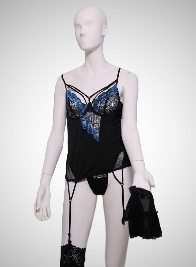 ovitio Black and Blue Sheer Lingerie Set with Lace and Chiffon Details - Three Pieces - Image 1