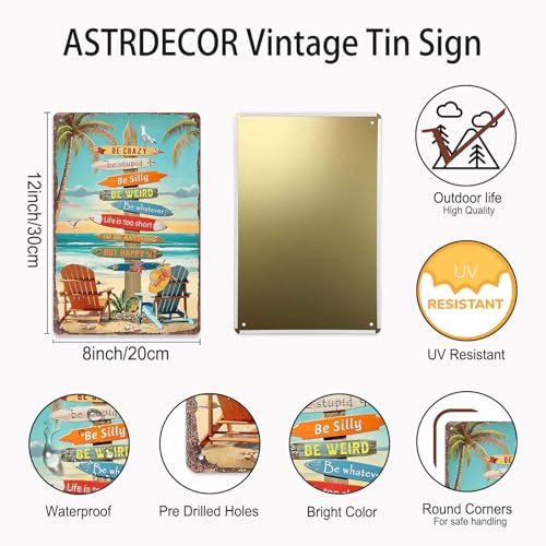 ASTRDECOR Retro Beach Metal Sign Vintage Tropical Wall Decor with Palm Trees Inspirational Quotes Be Crazy Be Happy Fun Beach House Bar Caf Patio Garden Decoration Durable Metal Wall Art 8x12 - Image 3