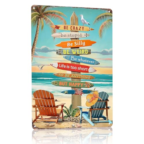 ASTRDECOR Retro Beach Metal Sign Vintage Tropical Wall Decor with Palm Trees Inspirational Quotes Be Crazy Be Happy Fun Beach House Bar Caf Patio Garden Decoration Durable Metal Wall Art 8x12 - Image 1