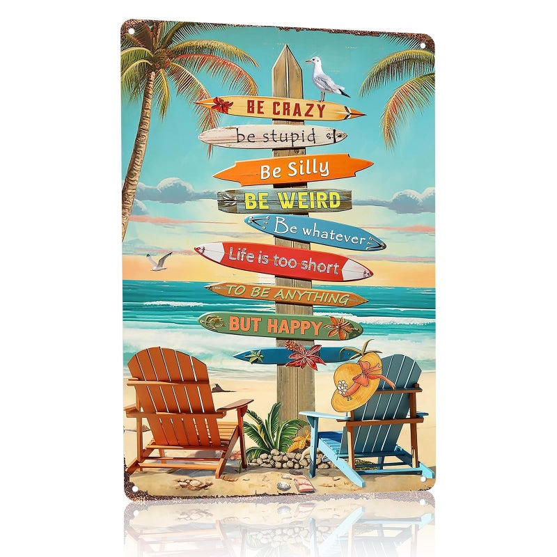 ASTRDECOR Retro Beach Metal Sign Vintage Tropical Wall Decor with Palm Trees Inspirational Quotes Be Crazy Be Happy Fun Beach House Bar Caf Patio Garden Decoration Durable Metal Wall Art 8x12 - Image 2