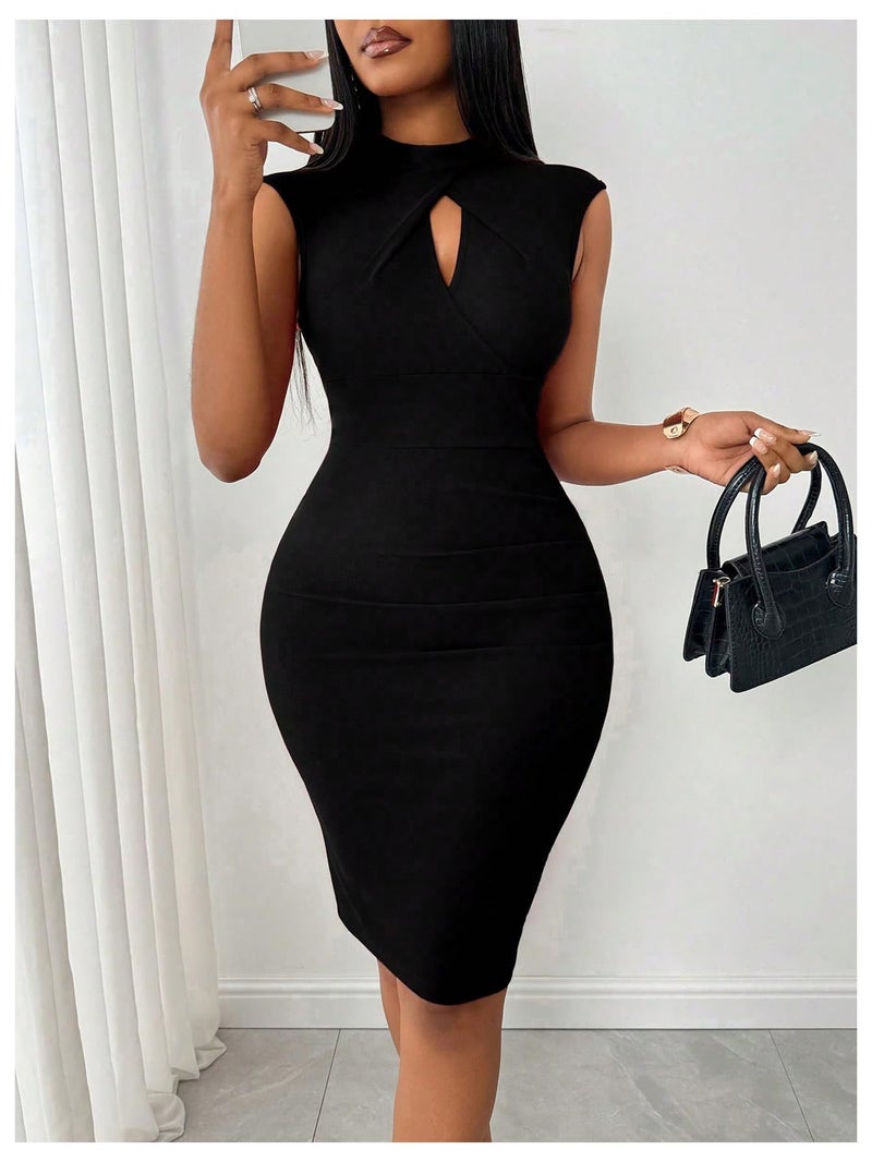 Floerns Women's Cap Sleeve Cut Out Front Bodycon Short Dress Elegant Pencil Dress Black Medium - Image 5