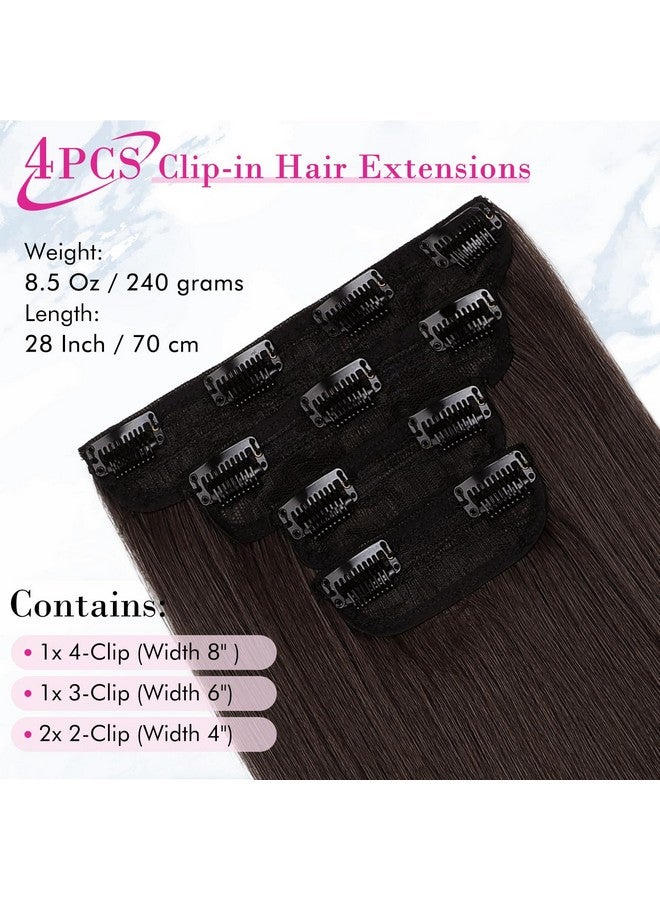 REECHO 28" Straight Super Long 4 Pcs Set Thick Clip In On Hair Extensions Dark Brown With Little Reddish  - Image 2