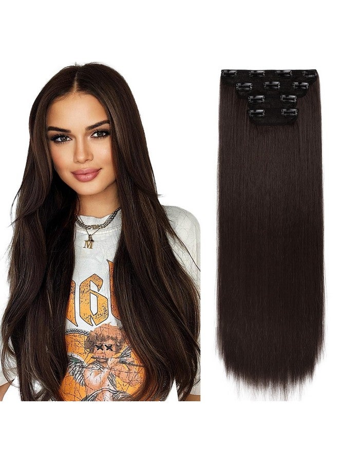 REECHO 28" Straight Super Long 4 Pcs Set Thick Clip In On Hair Extensions Dark Brown With Little Reddish  - Image 1