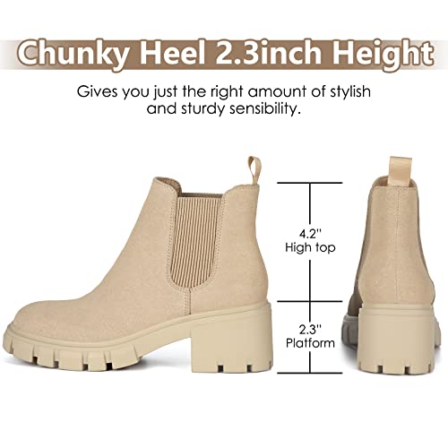 Athlefit Women's Chelsea Boots Fashion Lug Sole Chunky Heel Slip on Elastic Ankle Nude Booties Size 7 - Image 3