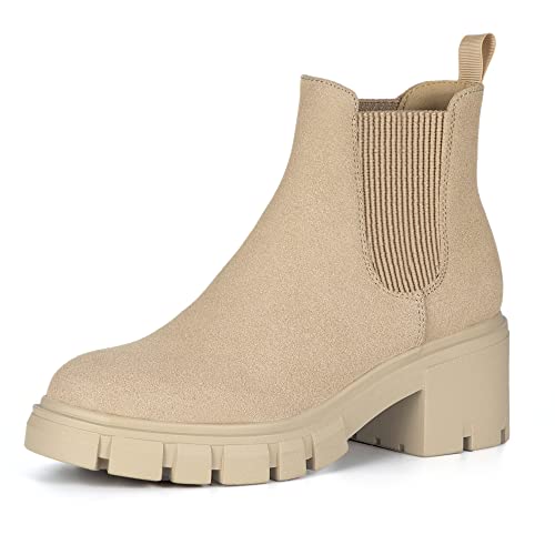 Athlefit Women's Chelsea Boots Fashion Lug Sole Chunky Heel Slip on Elastic Ankle Nude Booties Size 7 - Image 1