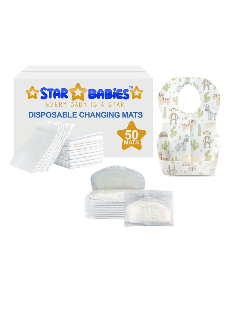 Star Babies Combo Pack (Disposable Changing mat 50pcs, Disposable Bibs 50pcs with  Disposable Breast Pad 10pcs) - White - Image 1