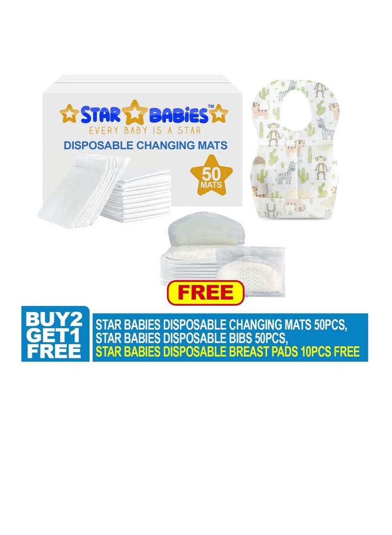 Star Babies Combo Pack (Disposable Changing mat 50pcs, Disposable Bibs 50pcs with  Disposable Breast Pad 10pcs) - White - Image 2