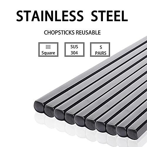 MOXILYN Metal Chopsticks Reusable Titanium Plated Stainless Steel Chopsticks Japanese Korean Chopsticks for Food & Cooking 9.5Inch Non-Slip for Beginners Square Laser Chopsticks 5 pairs Gift Set - Image 2
