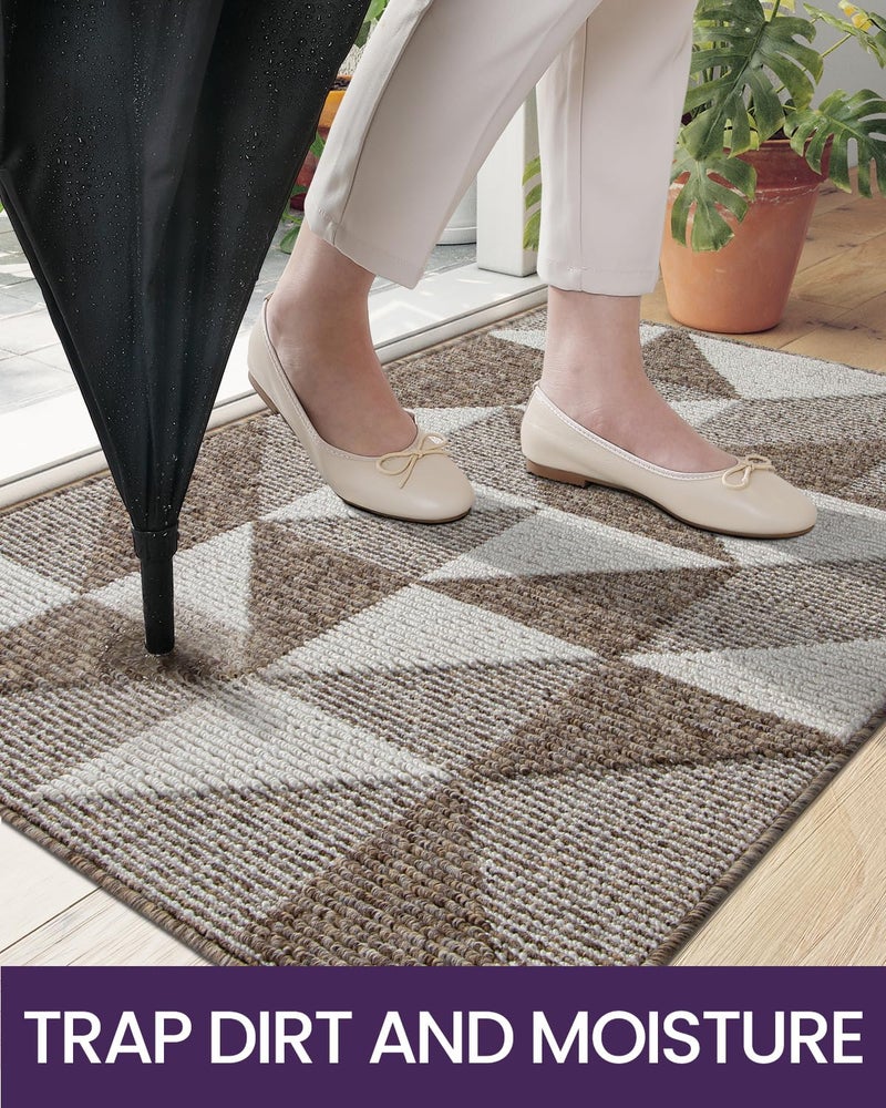 DEXI Front Door Mats for Entryway  Non Slip Washable Entry Doormat  Absorbent Resist Dirt Inside Floor Mat  Low-Profile Entrance Mat  35""X59""  Brown/White - Image 3