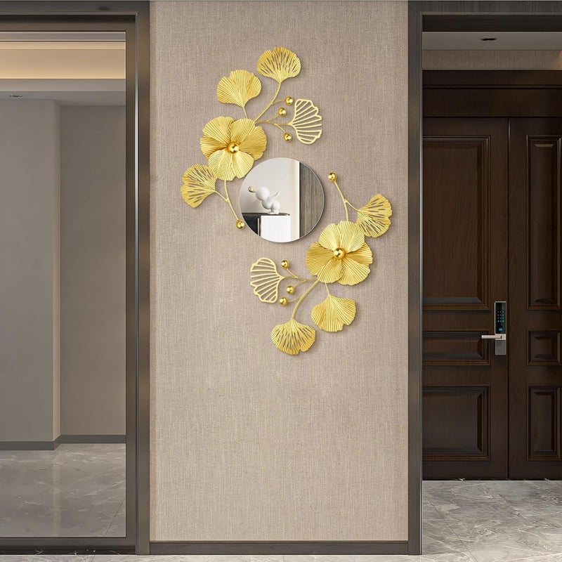 Tandefio 3 Pcs Metal Decorative Wall Mirrors for Living Room Metal Ginkgo Leaf Mirror Modern Creative Wall Decor Art Hanging Decor Mirror for Entrance Bedroom Living Room (Gold,16.inches) - Image 1