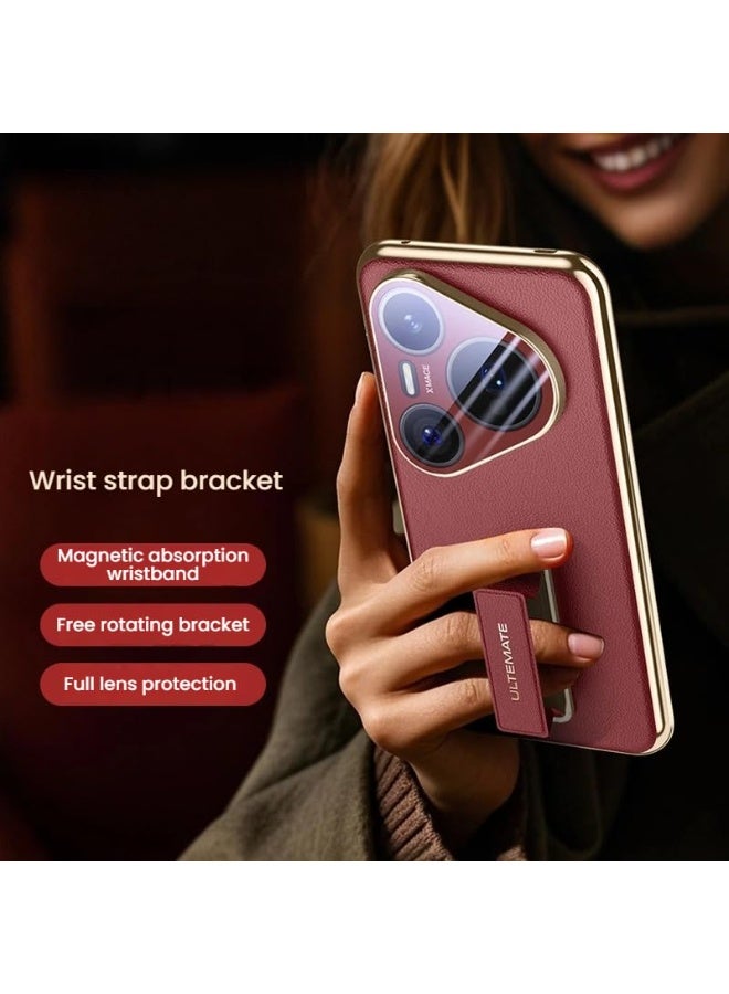 general Leather Case Compatible with Huawei Pura 80 Pro/Pro+ 5G, All-Inclusive Lens Camera Protection Magnetic Retractable Wristband Metal Swivel Stand Shockproof Cover - Image 3