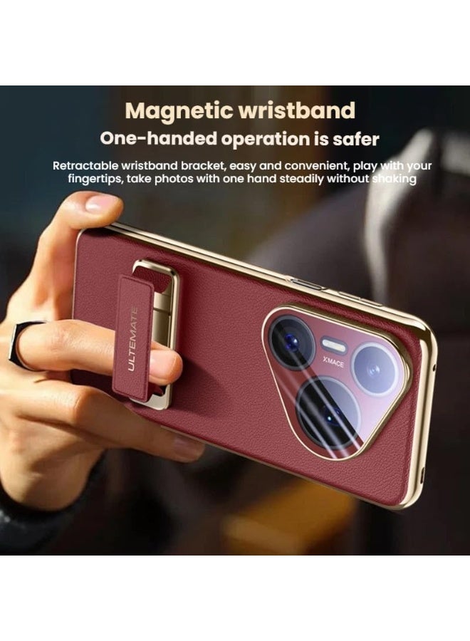 general Leather Case Compatible with Huawei Pura 80 Pro/Pro+ 5G, All-Inclusive Lens Camera Protection Magnetic Retractable Wristband Metal Swivel Stand Shockproof Cover - Image 4