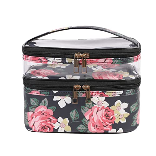 FITINI Makeup Bags Double Layer Travel Storage Cosmetic Cases Make up Organizer Toiletry Bags Waterresistant for Women Makeup Brush BagBlack Peony - Image 1