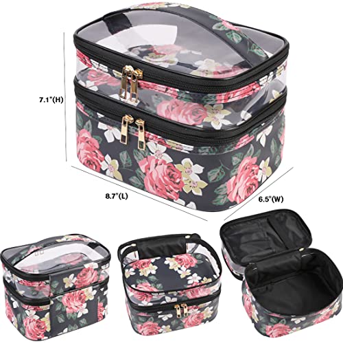 FITINI Makeup Bags Double Layer Travel Storage Cosmetic Cases Make up Organizer Toiletry Bags Waterresistant for Women Makeup Brush BagBlack Peony - Image 3