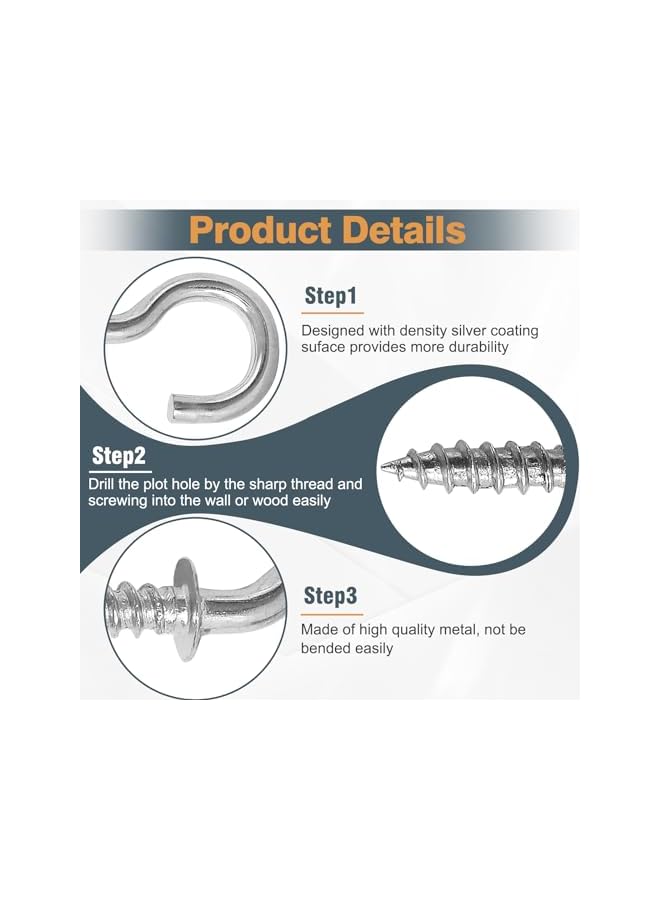 promass 50Pcs 1/2 Inch Cup Hooks, Silver Ceiling Hooks Small Screw-in Hooks Metal Screw Hooks Nickel Plated Hooks - Image 2