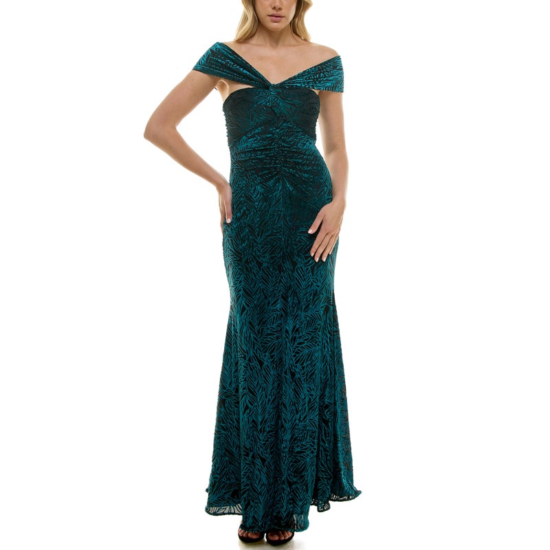 Taylor Women's Off The Shoulder Body Twist Bodice with Center Front Rouching Long Dress, Malachite Black - Image 2