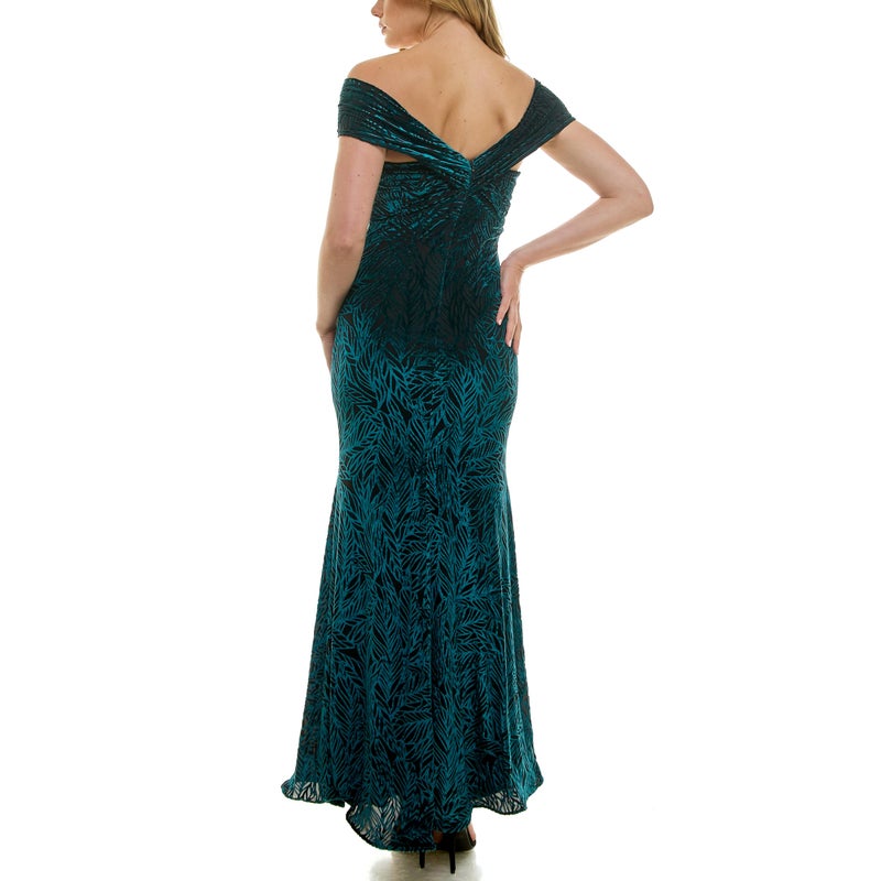 Taylor Women's Off The Shoulder Body Twist Bodice with Center Front Rouching Long Dress, Malachite Black - Image 5