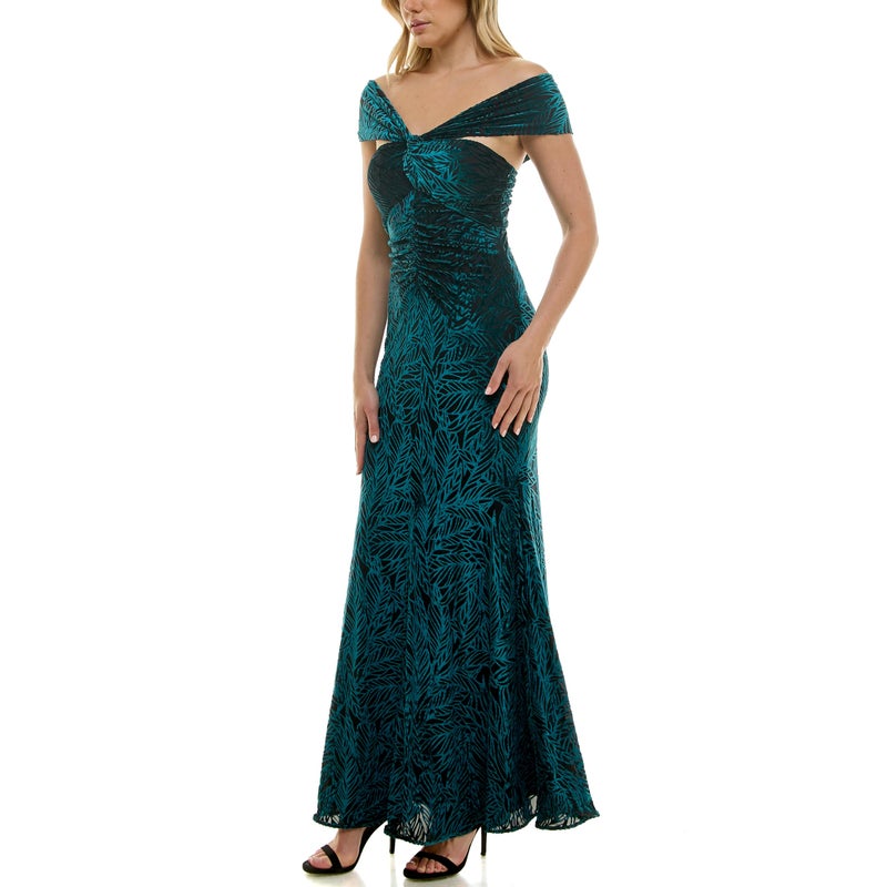 Taylor Women's Off The Shoulder Body Twist Bodice with Center Front Rouching Long Dress, Malachite Black - Image 4