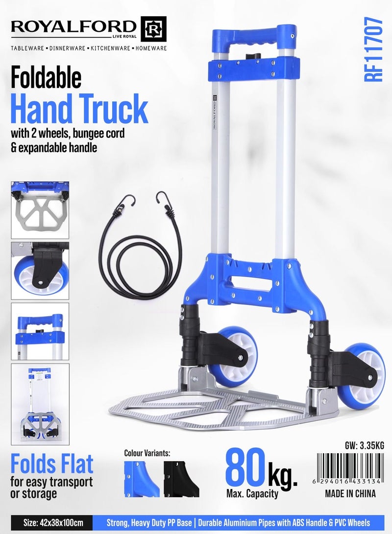 Royalford Foldable Hand Truck- RF11707| 80 KG Maximum Capacity, Multi-Purpose Utility Hand Truck With Expandable Handles, Bungee Cord And Two Wheels| Durable, Portable And Stylish Aluminum Pipes With ABS Handle - Image 4