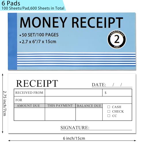 SCORYULE Money and Rent Receipt Book 6 Pack/300 Sets, 2-Part, 2.75"x6" Carbonless Copy Receipt Book with Cardboard and Waterproof Cover (50 Sets Per Book) - Image 2