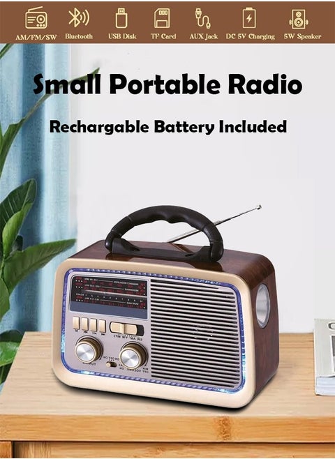 A portable radio that works with Bluetooth technology and is equipped with a USB port, a memory slot, a headphone jack, and contains a flashlight