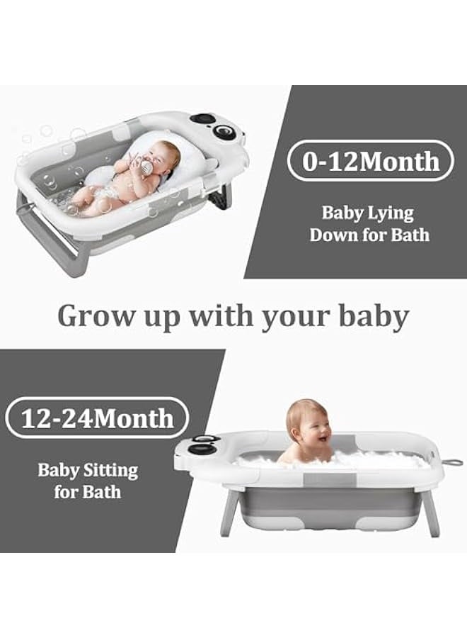 Collapsible Baby Bathtub for Newborn to Toddler, Infant Bath Tub with Real-time Temp Monitor Floating Cushion, Foldable Baby Bath Tub Set 0-36 Month, Portable Travel Baby Tub for Newborns Boys (Grey) - Image 3