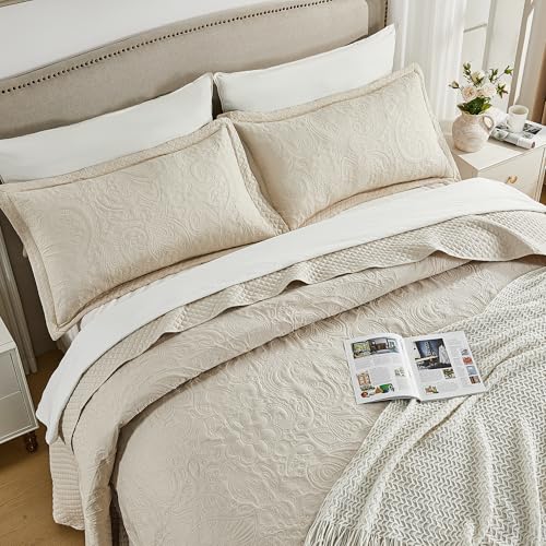 Qucover Oversized King Bedspreads 128x120, Soft Microfiber Ultrasonic Quilting Paisley Pattern California King Quilt Sets Oversized, 3 Piece Oversized Coverlet Bedding, Beige - Image 3
